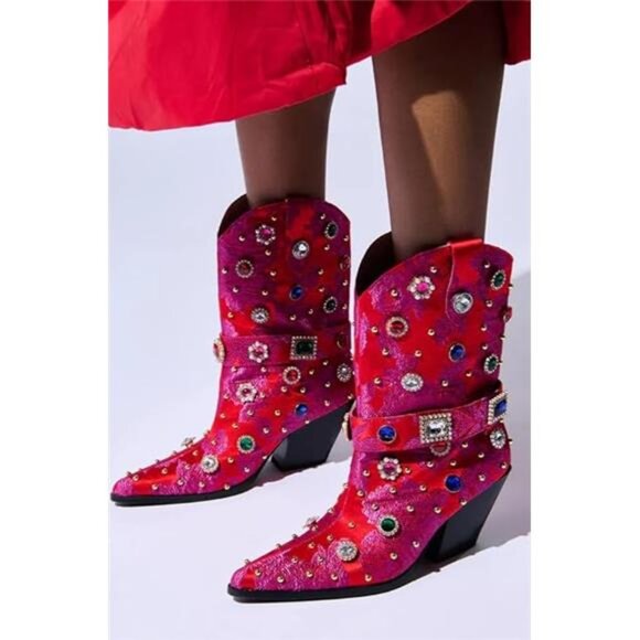 New Western Cowboy Boots Flower Mid-Calf Embroidered Rhinestone Red for Women - Picture 5 of 10